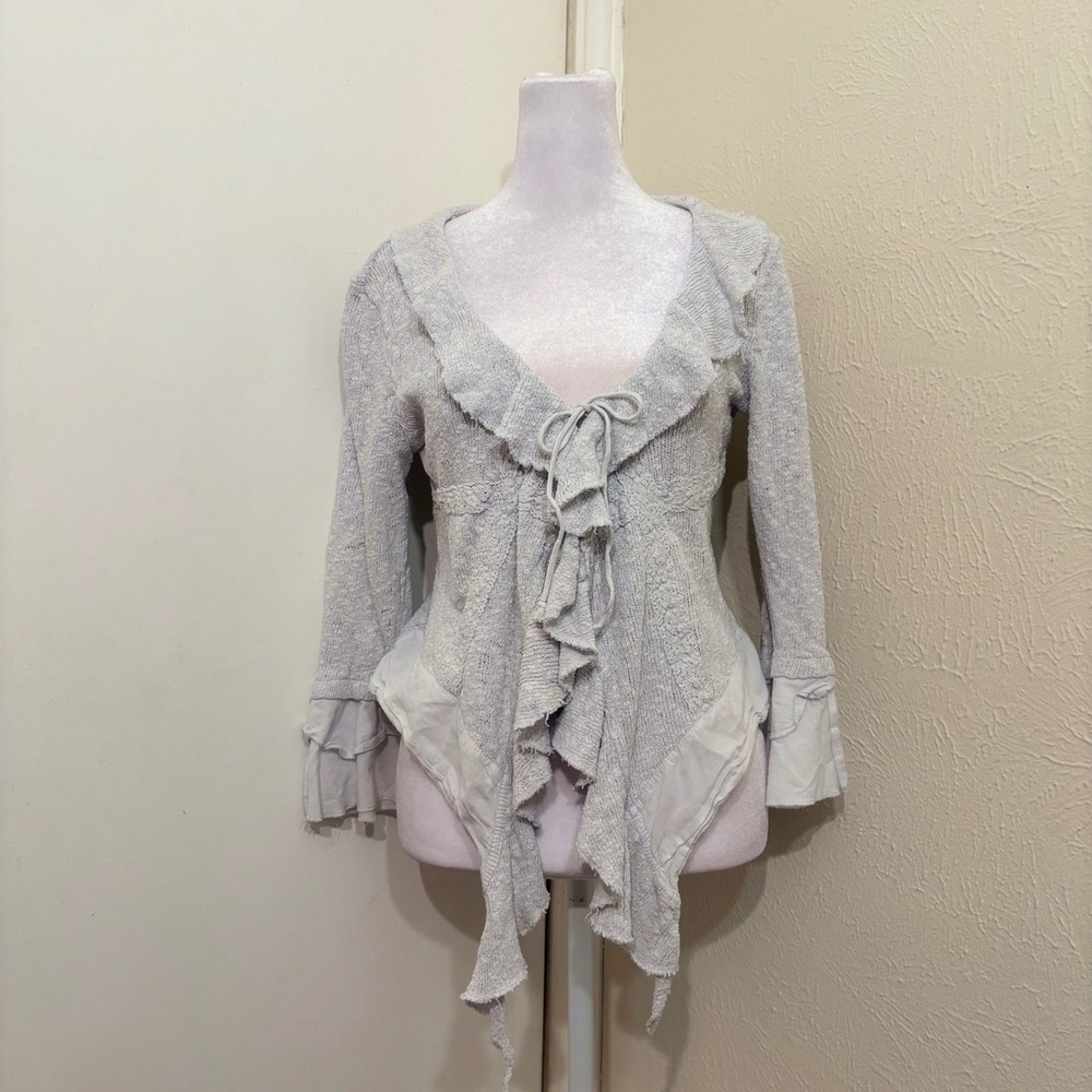 Gray Ruffle Front Tie Cardigan Sweater Fairycore Cottagecore Boho Coquette S